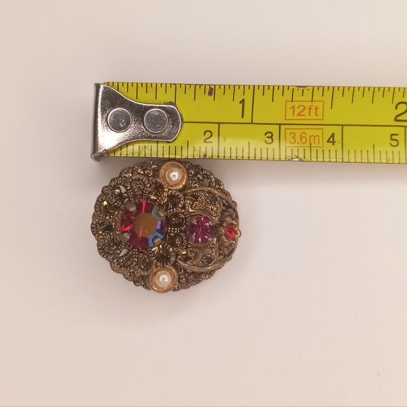 Filigree Brooch & Earrings Aurora Borealis Glass Red Pink Rhinestone Fau… - Picture 11 of 11